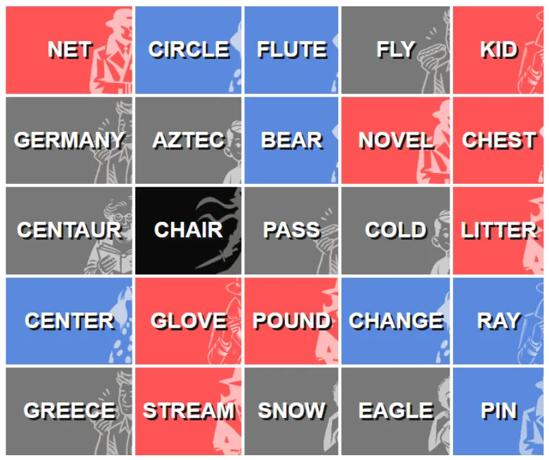 The complete Claude Haiku versus Claude Sonnet Codenames board, with red, blue, neutral and assassin cards revealed.